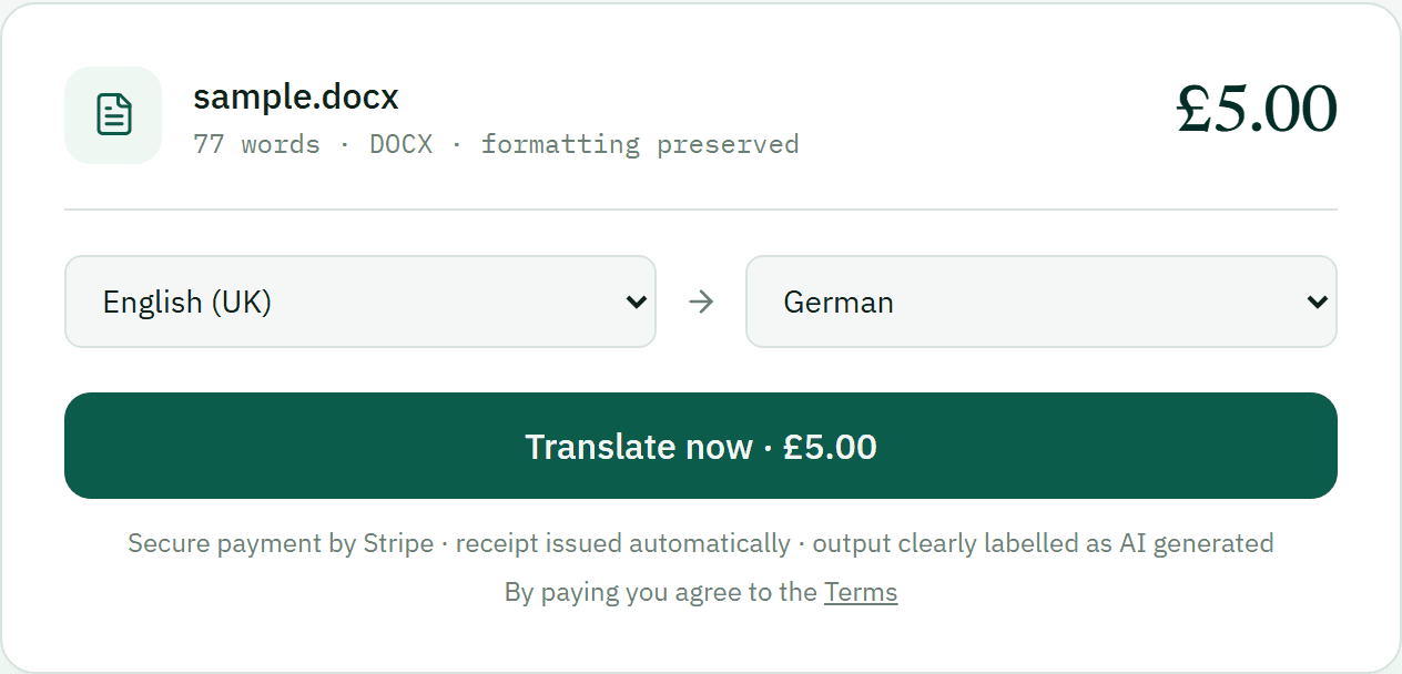 The real Corporate Translate quote screen: sample.docx, 77 words, £5.00, translating English (UK) to German, with a Translate now button and Stripe payment note.